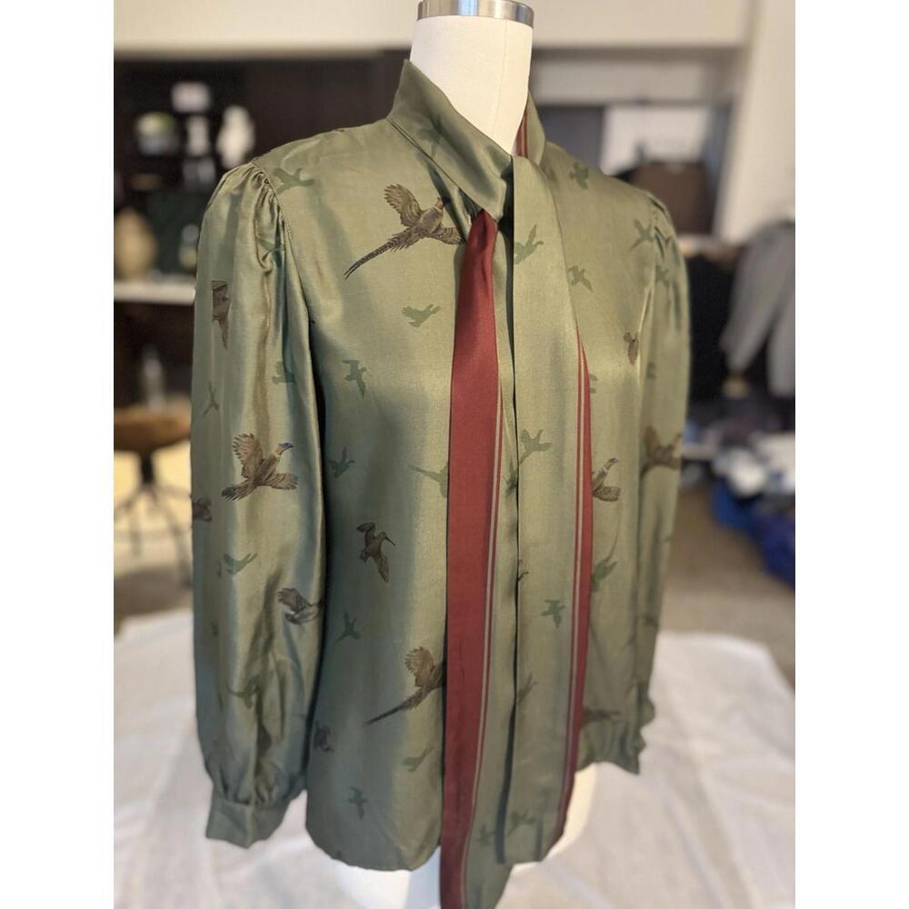 Vntg Gloria Sacks NY 100% Silk Blouse Top Bow Tie Olive Green 10 Or L Union Made - Picture 3 of 9